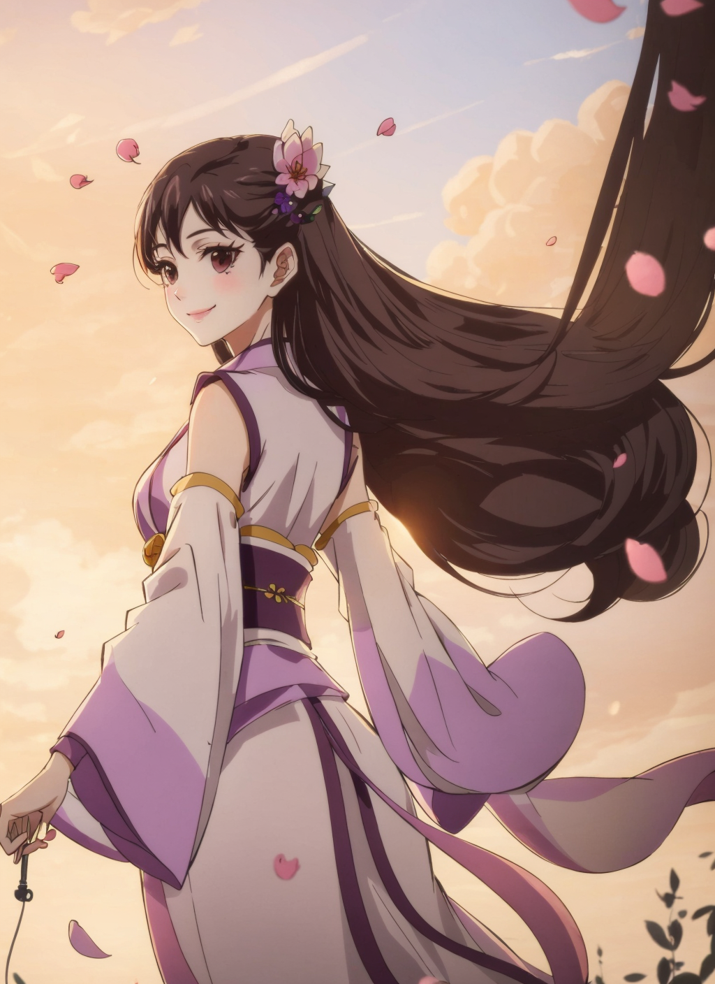 09602-1948664981-Masterpiece, best quality, 1Girl, backlight, white hair, solo, smile, (petals_ 1.2), (flowers and plants), sky, cloudy sky, arch.png